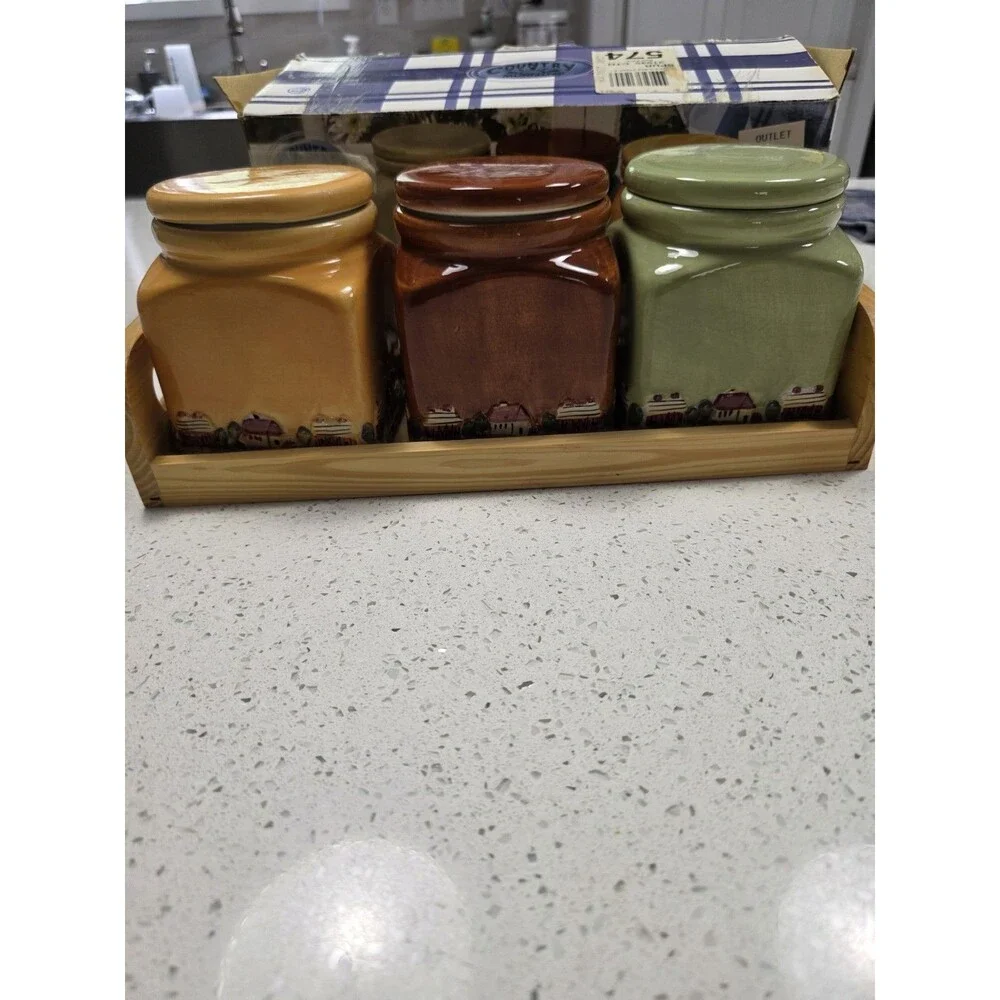 Vintage 3 piece Rooster Kitchen canister set with wooden stand